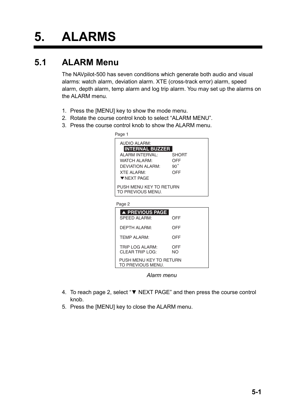 Alarms, 1 alarm menu | Furuno AUTOPILOT NAVPILOT-500 User Manual | Page 51 / 73