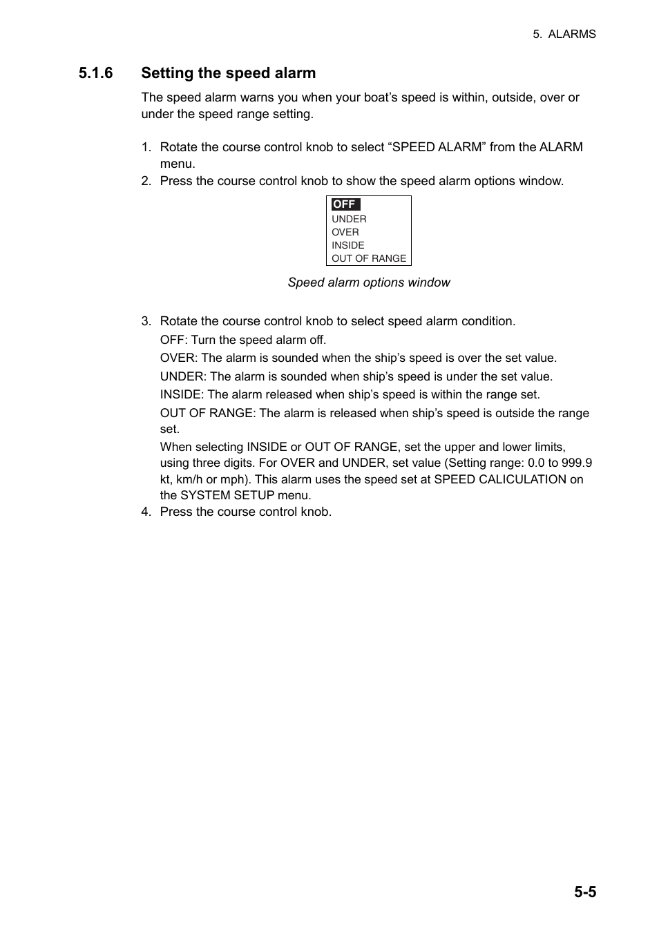 5 5.1.6 setting the speed alarm | Furuno AUTOPILOT NAVPILOT-500 User Manual | Page 55 / 73