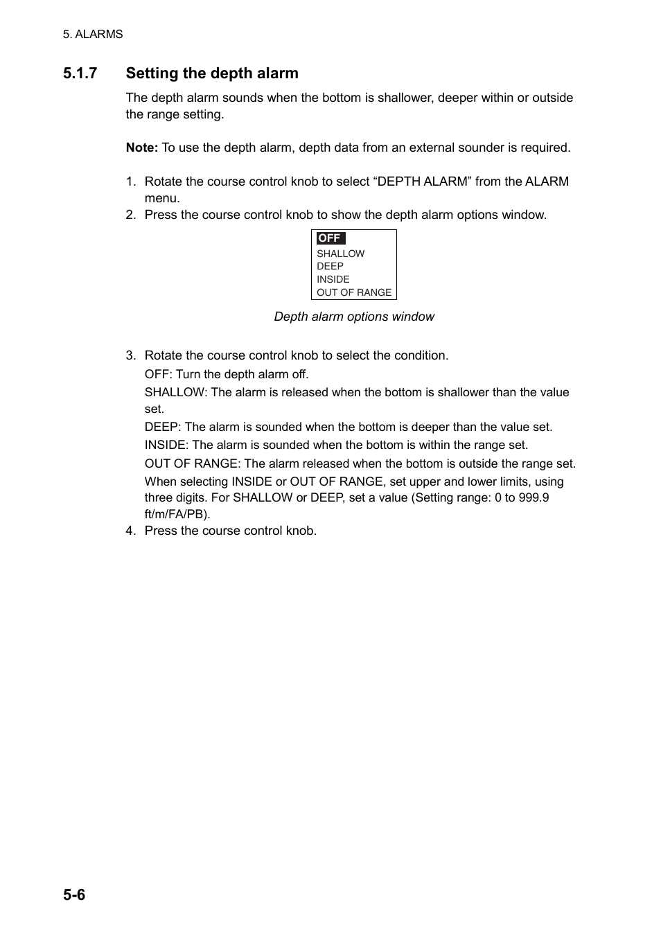 6 5.1.7 setting the depth alarm | Furuno AUTOPILOT NAVPILOT-500 User Manual | Page 56 / 73