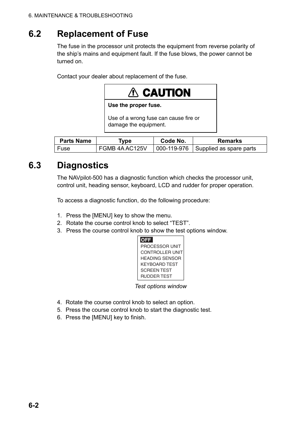 2 replacement of fuse, 3 diagnostics, Caution | Furuno AUTOPILOT NAVPILOT-500 User Manual | Page 62 / 73