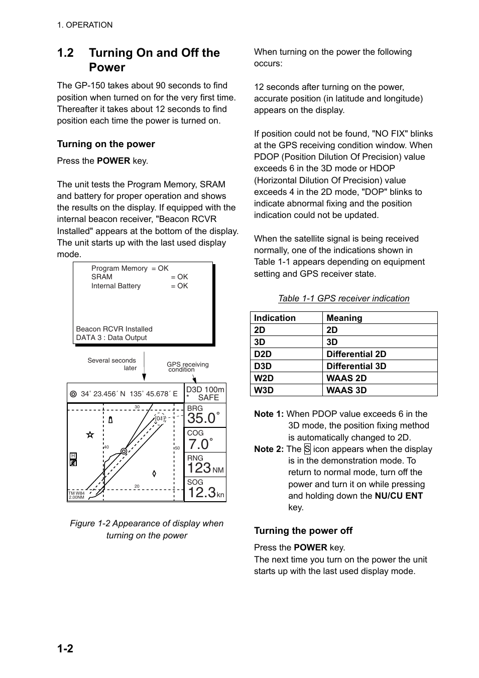 2 turning on and off the power | Furuno GPS NAVIGATOR GP-150 User Manual | Page 10 / 103