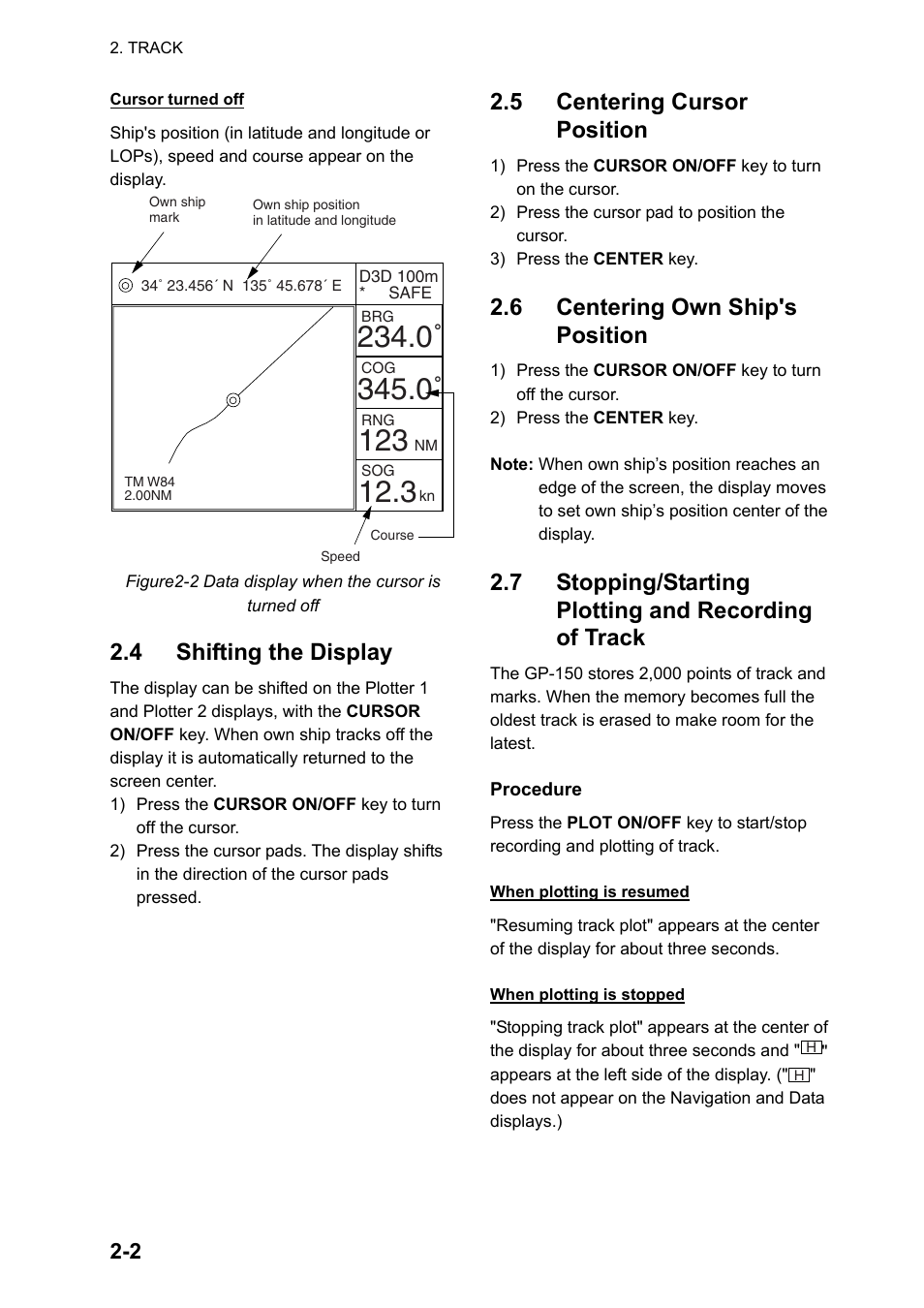 4 shifting the display, 5 centering cursor position, 6 centering own ship's position | 7 stopping/startingplotting and recording of track | Furuno GPS NAVIGATOR GP-150 User Manual | Page 16 / 103