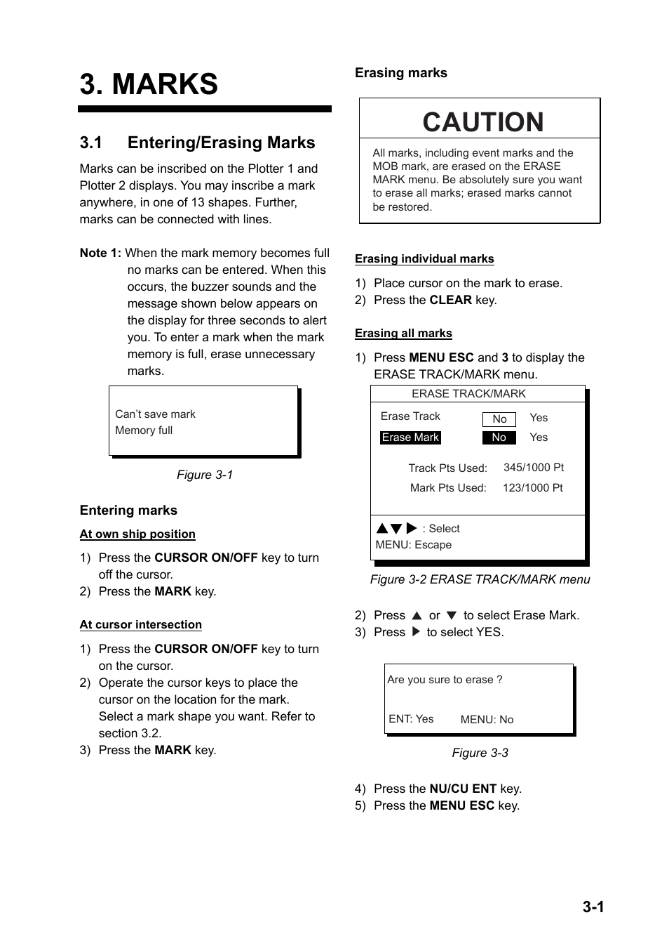 Marks, 1 entering/erasing marks, Caution | Furuno GPS NAVIGATOR GP-150 User Manual | Page 21 / 103