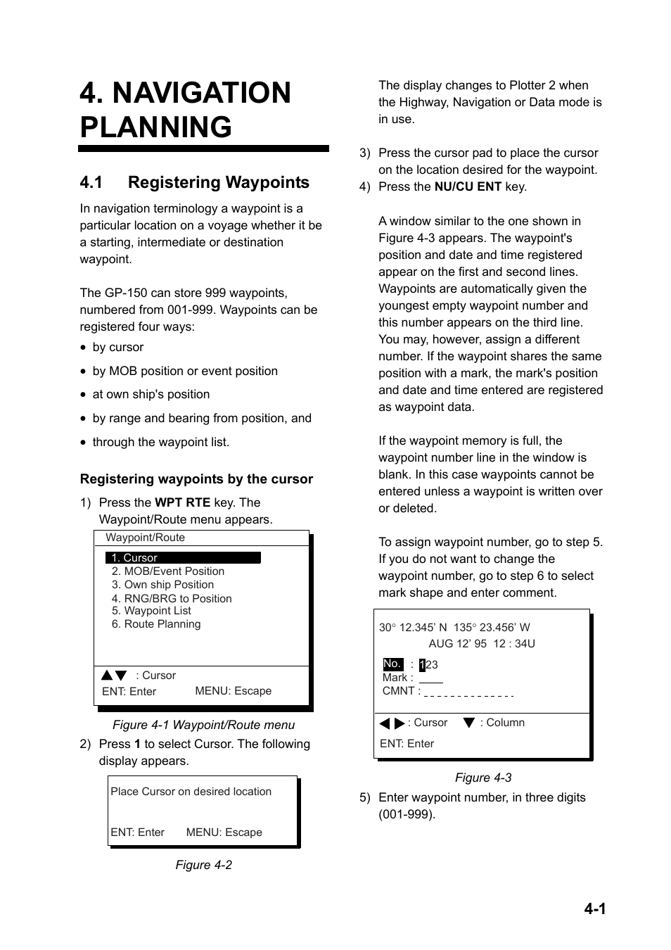 Navigation planning, 1 registering waypoints | Furuno GPS NAVIGATOR GP-150 User Manual | Page 25 / 103