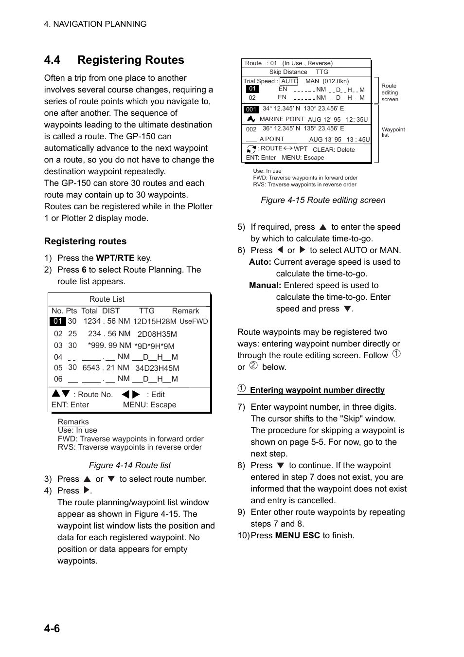 4 registering routes, Registering routes | Furuno GPS NAVIGATOR GP-150 User Manual | Page 30 / 103