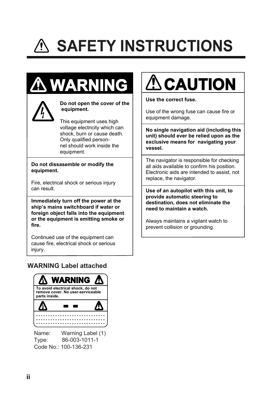 Safety instructions, Safety instructions caution, Warning | Furuno GPS NAVIGATOR GP-150 User Manual | Page 4 / 103