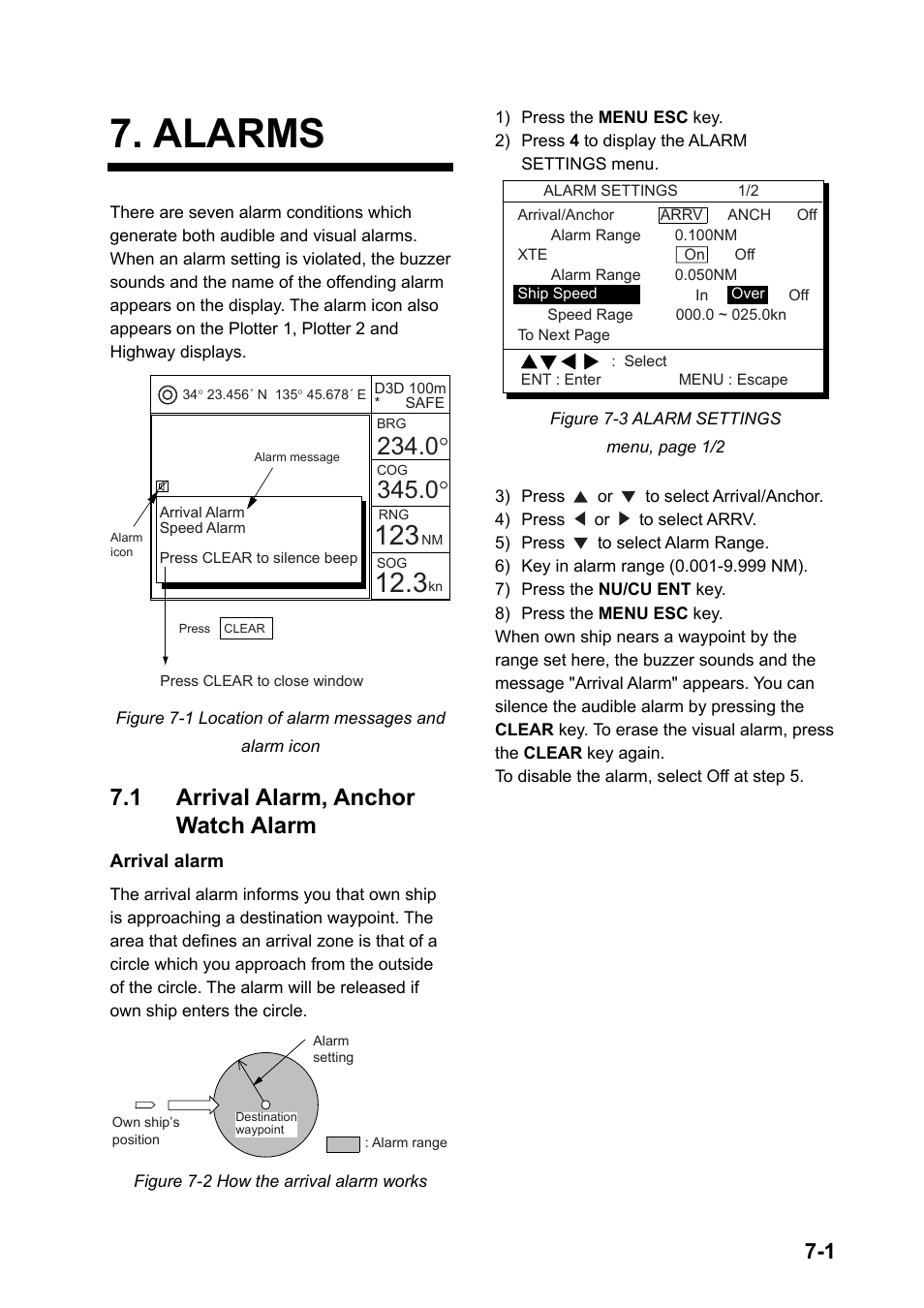 Alarms, 1 arrival alarm, anchor watch alarm | Furuno GPS NAVIGATOR GP-150 User Manual | Page 45 / 103