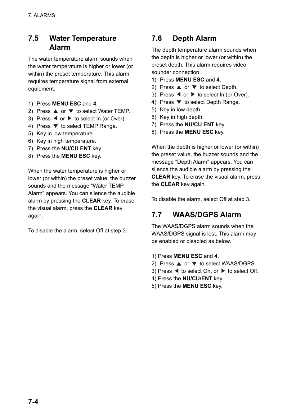 5 water temperature alarm, 6 depth alarm, 7 waas/dgps alarm | Furuno GPS NAVIGATOR GP-150 User Manual | Page 48 / 103