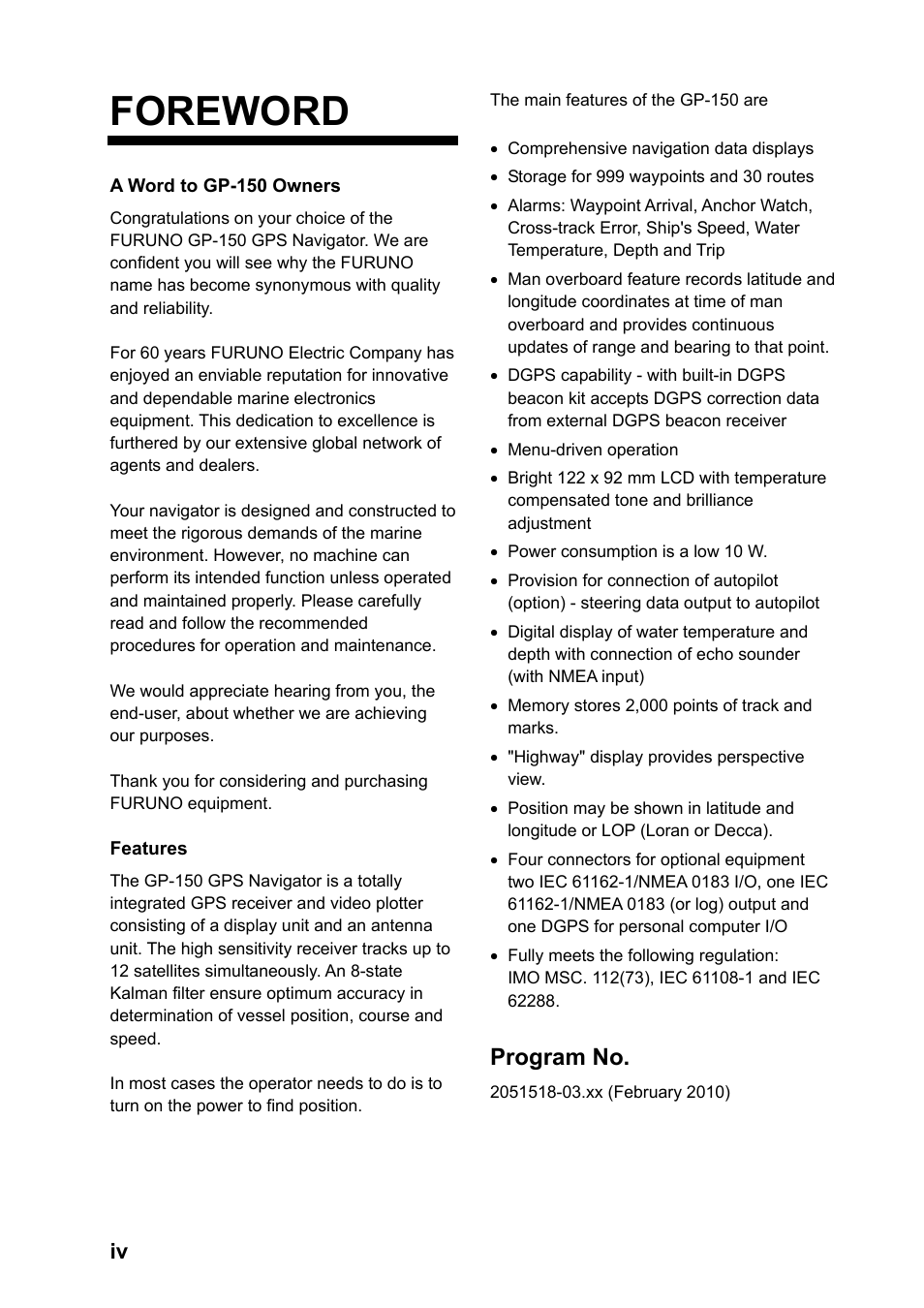 Foreword, Program no | Furuno GPS NAVIGATOR GP-150 User Manual | Page 6 / 103