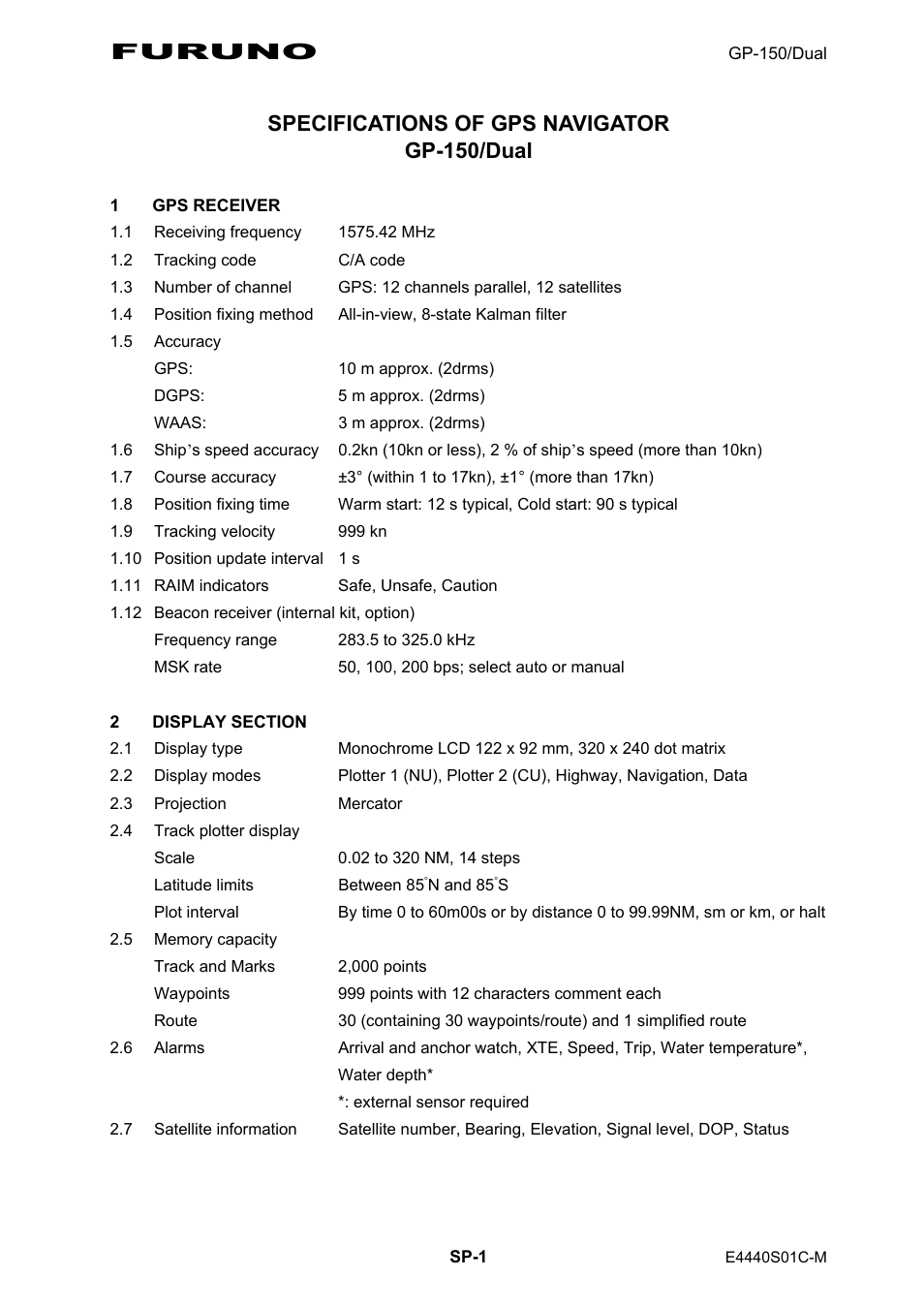 Specifications, Furuno, Specifications of gps navigator gp-150/dual | Furuno GPS NAVIGATOR GP-150 User Manual | Page 99 / 103