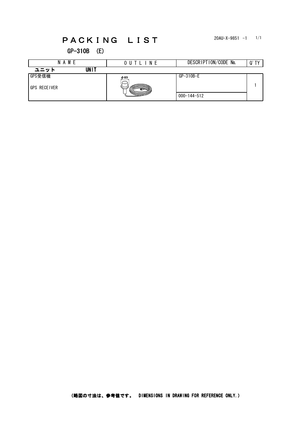 Packing list, Ｐａｃｋｉｎｇ ｌｉｓｔ | Furuno GP-310B User Manual | Page 13 / 16
