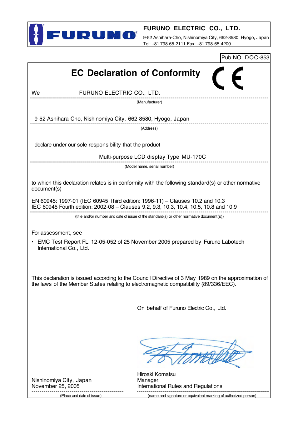 Declaration of conformity, Ec declaration of conformity | Furuno MU-170C User Manual | Page 29 / 35