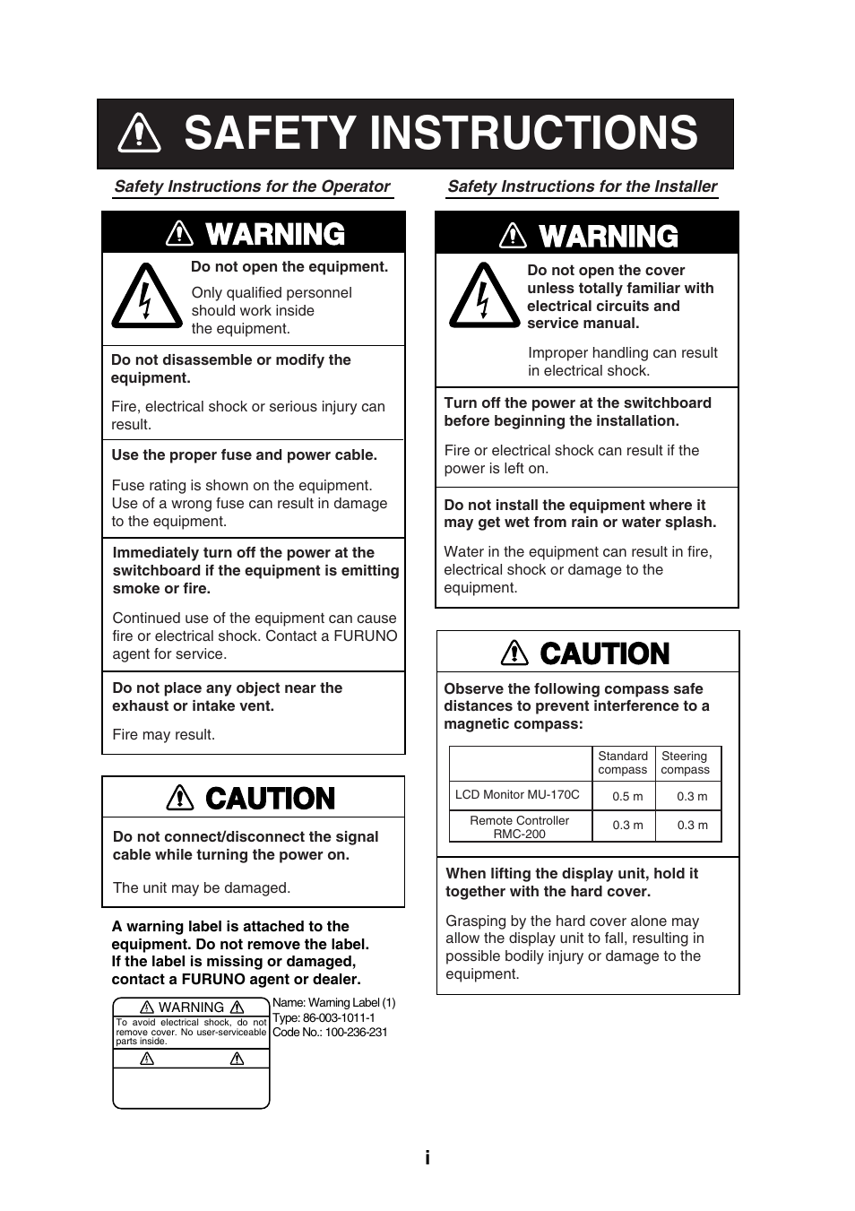 Safety instructions, Warning caution | Furuno MU-170C User Manual | Page 3 / 35