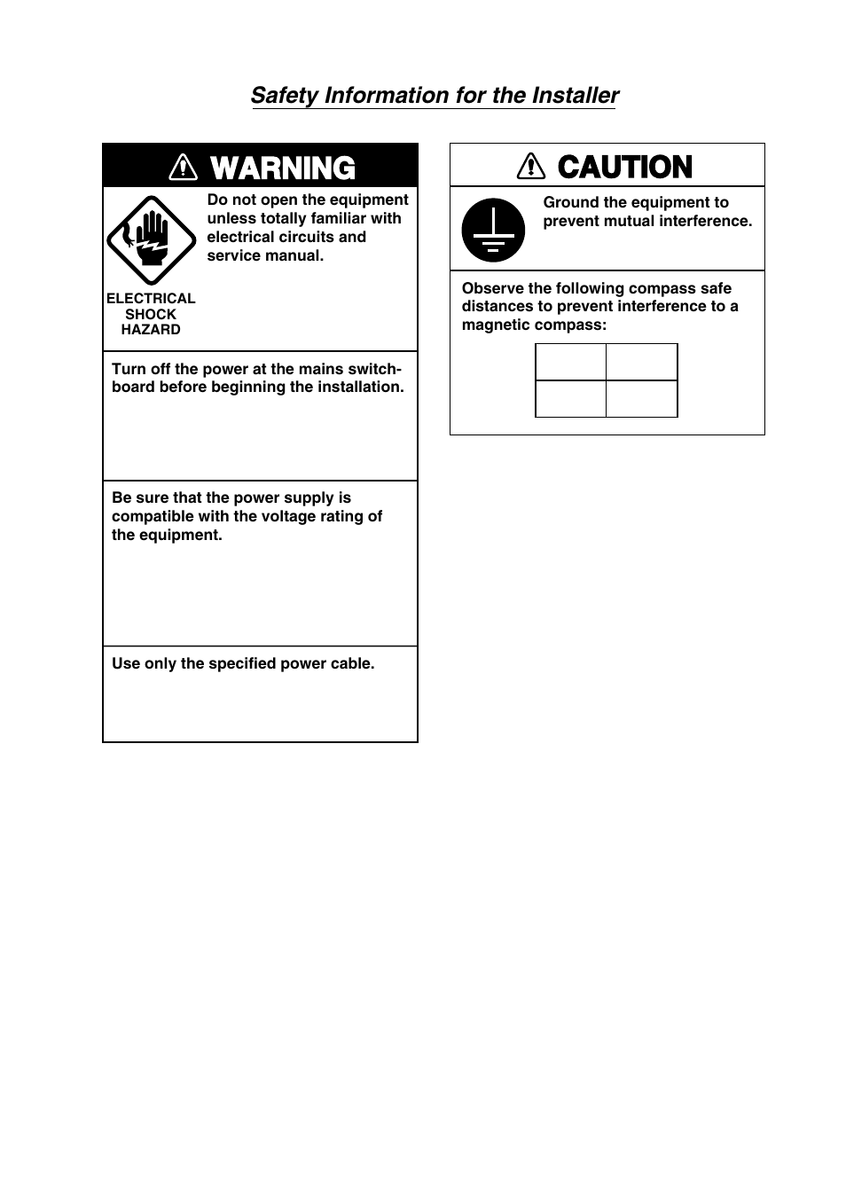 Warning, Caution, Safety information for the installer | Furuno FMD-1712 User Manual | Page 4 / 35