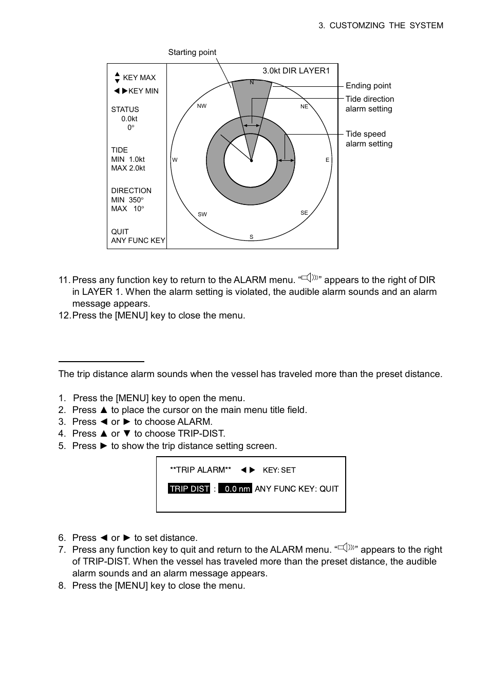 3 setting the trip alarm, Trip alarm, Trip dist : 0.0 nm any func key: quit | Key: set | Furuno CI-68 User Manual | Page 47 / 72