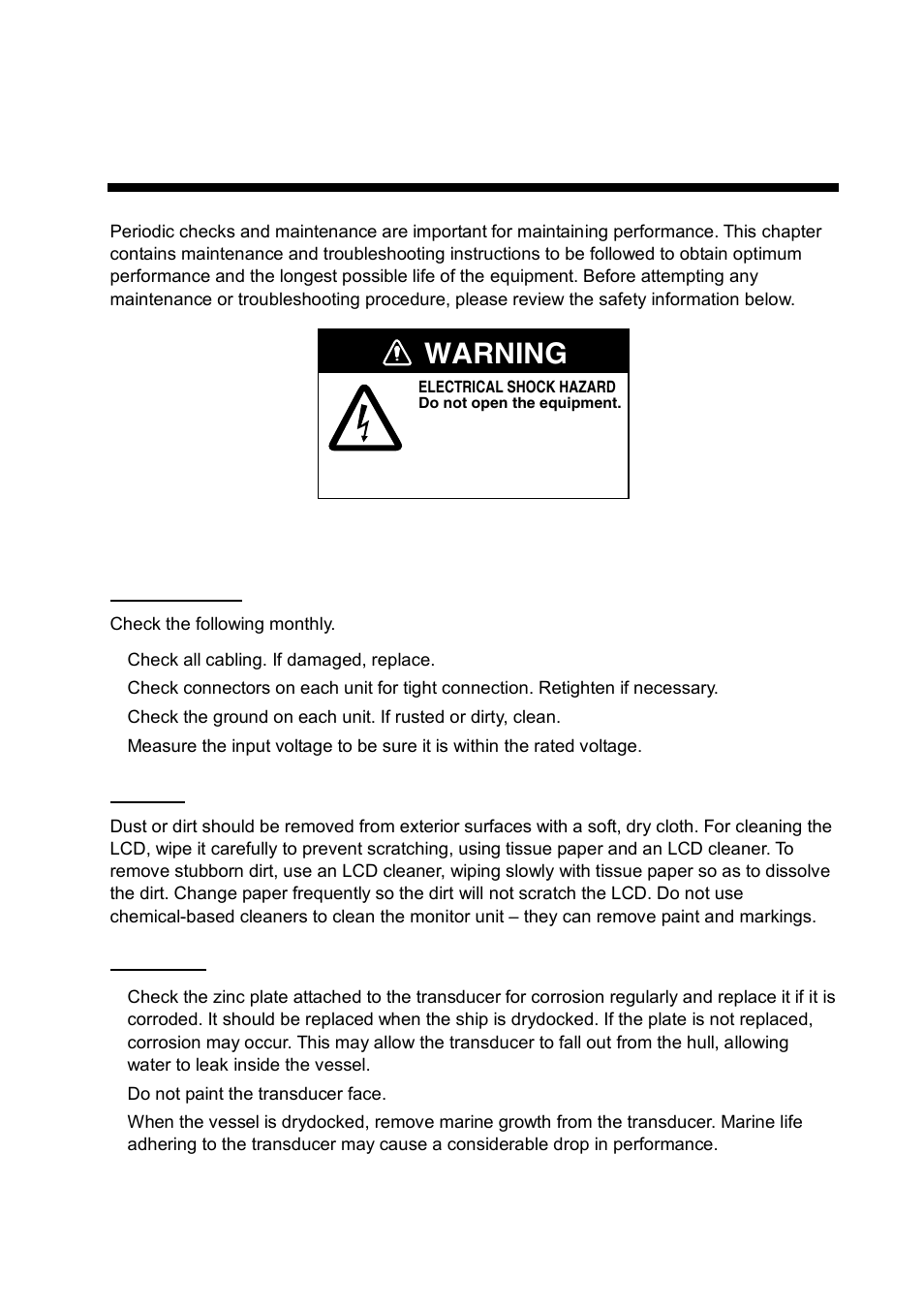 Maintenance & troubleshooting, 1 routine maintenance, Maintenance | Troubleshooting, Warning | Furuno CI-68 User Manual | Page 49 / 72