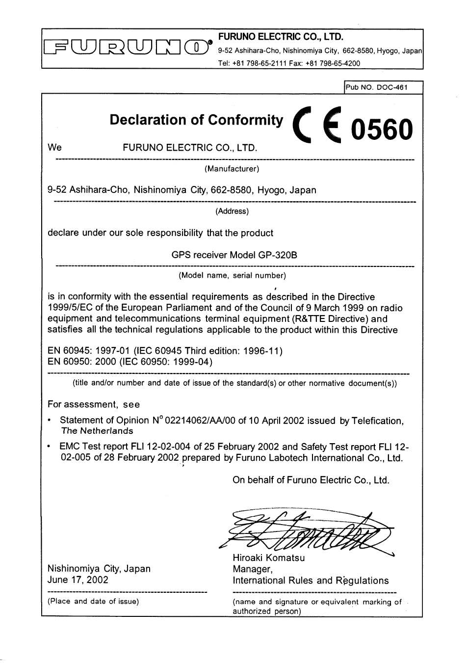 Declaration of conformity | Furuno GP-320B User Manual | Page 19 / 20