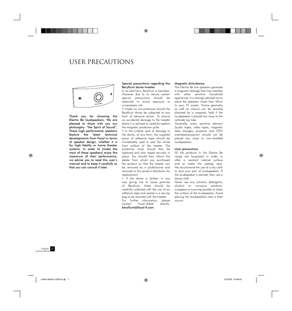 User precautions | Focal 1000 Series User Manual | Page 2 / 9