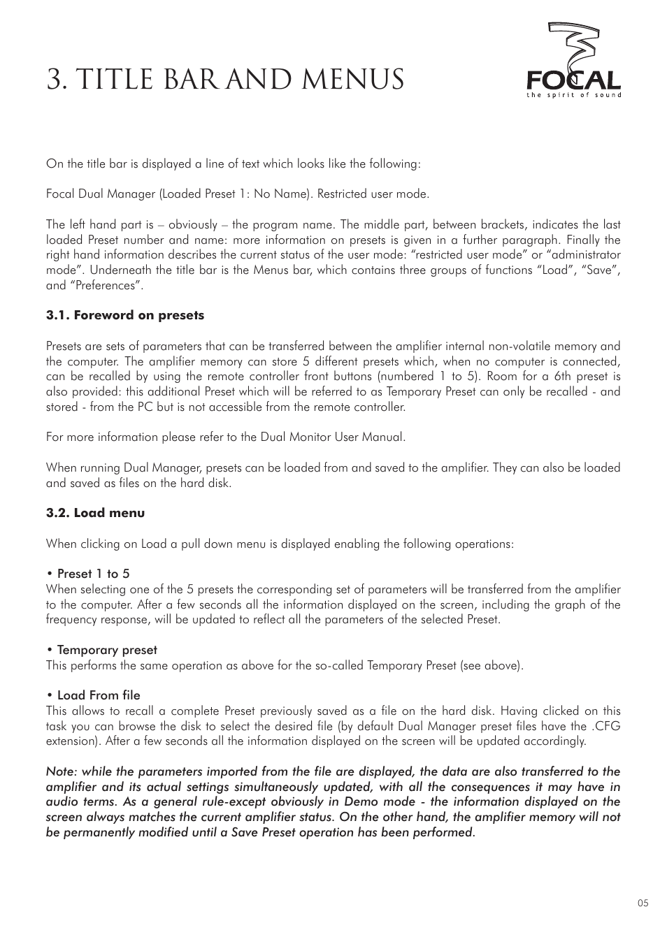 Title bar and menus | Focal DUAL MANAGER User Manual | Page 5 / 17