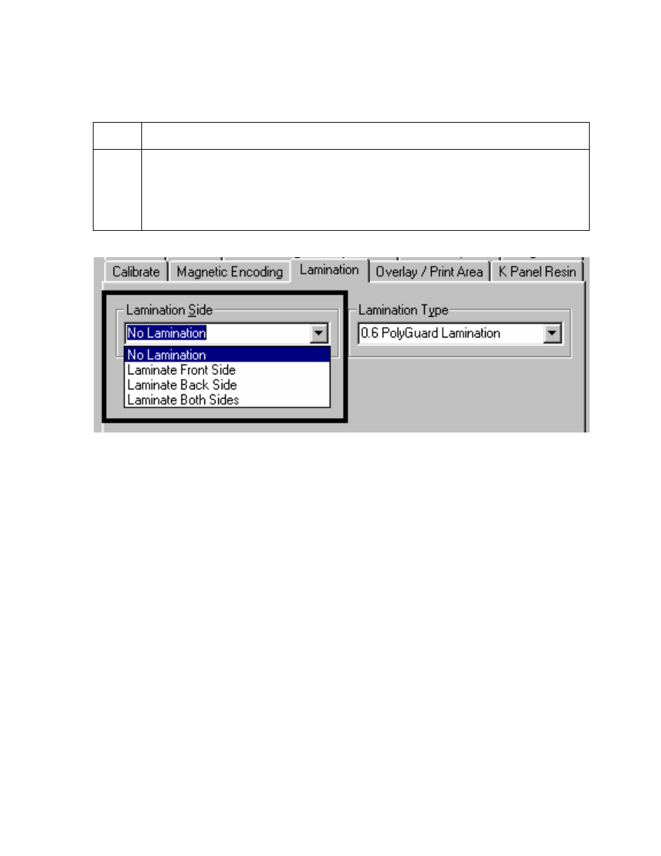 Selecting from the lamination side dropdown menu | FARGO electronic Pro-LX Laminating Card Printer/Encoder User Manual | Page 135 / 228