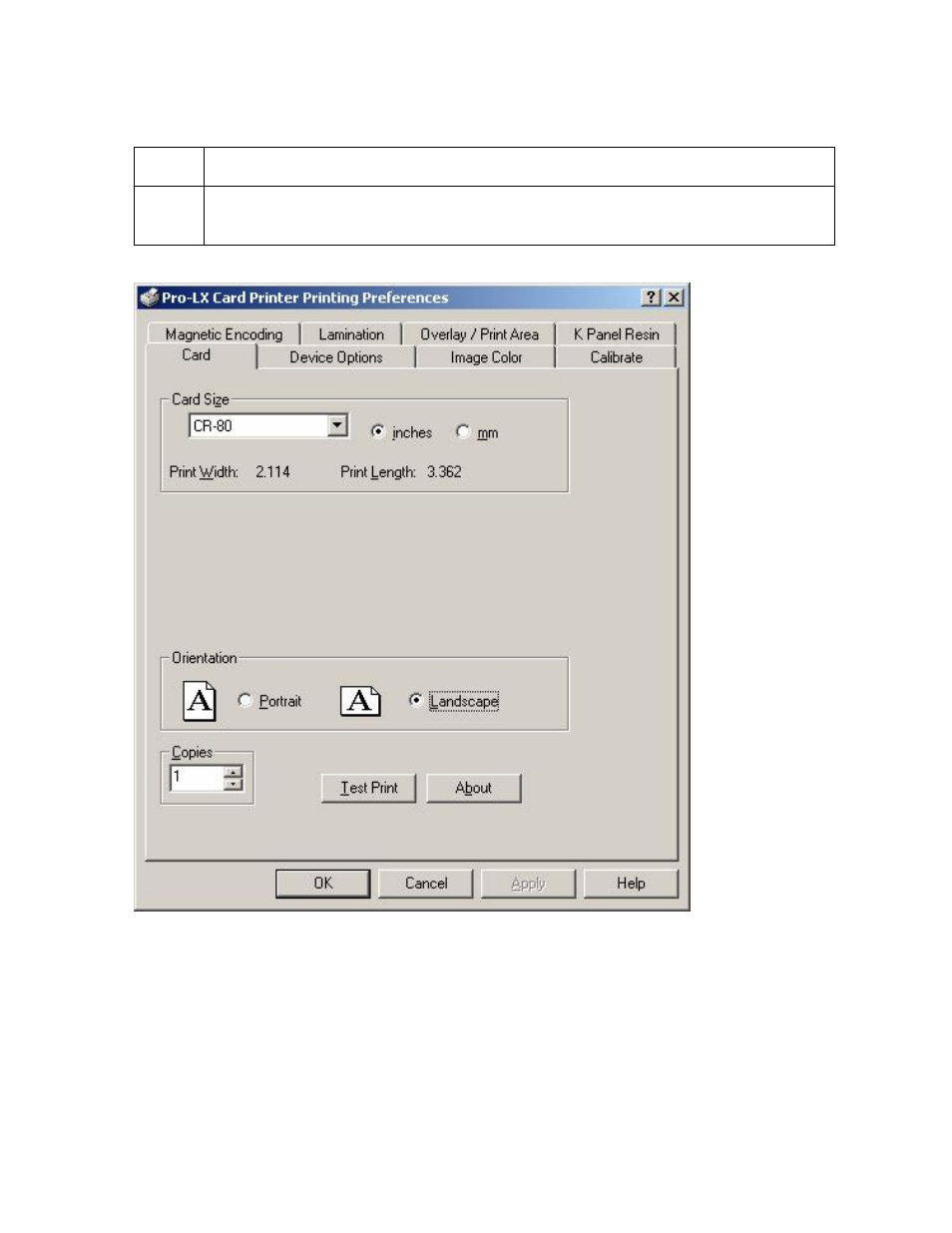 Selecting orientation - landscape under card tab | FARGO electronic Pro-LX Laminating Card Printer/Encoder User Manual | Page 148 / 228