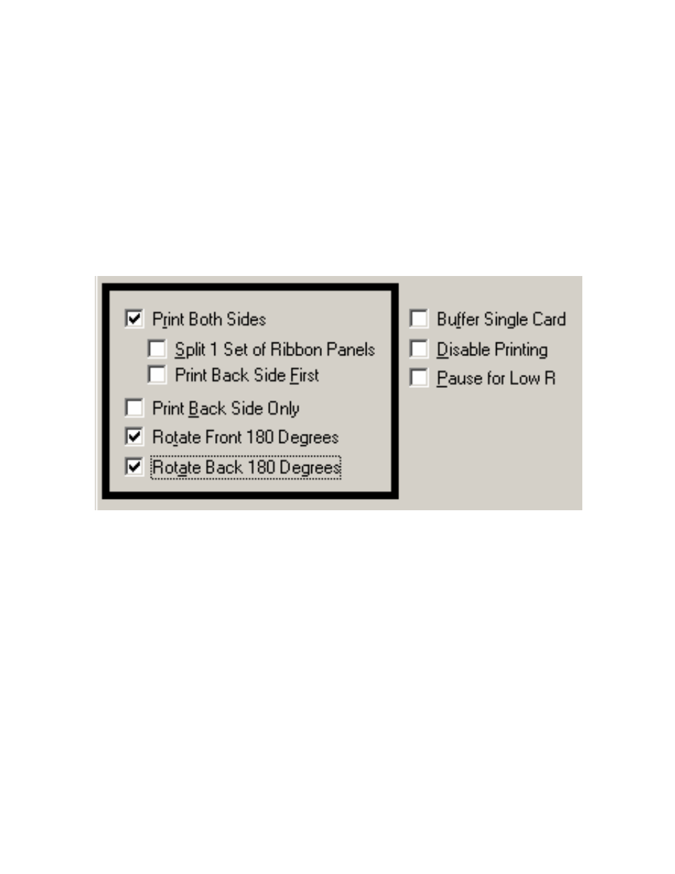 Selecting the print back side only checkbox, Selecting the rotate front 180 degrees checkbox, Selecting the rotate back 180 degrees checkbox | FARGO electronic Pro-LX Laminating Card Printer/Encoder User Manual | Page 180 / 228