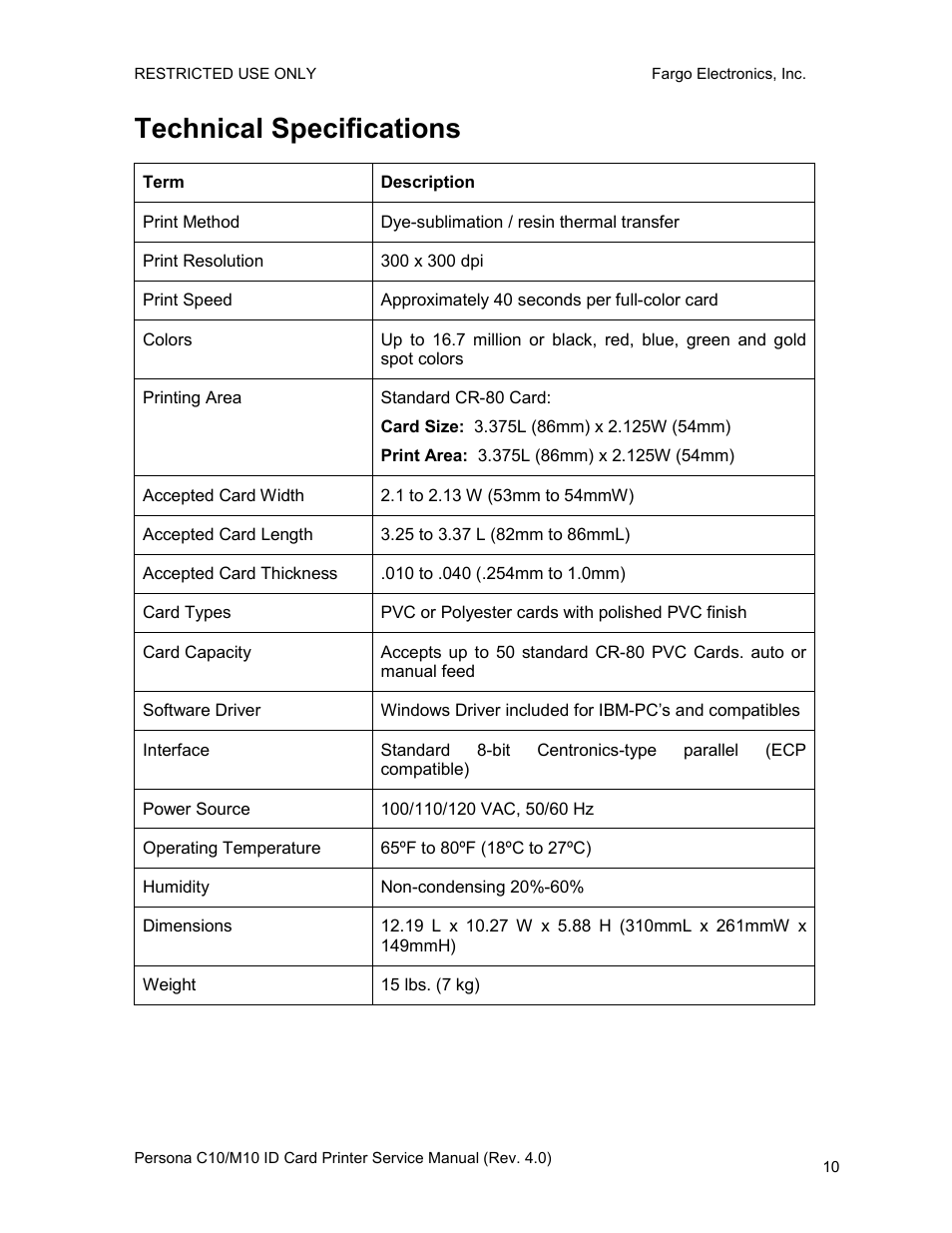 Technical specifications | FARGO electronic PERSONA C10 User Manual | Page 10 / 178