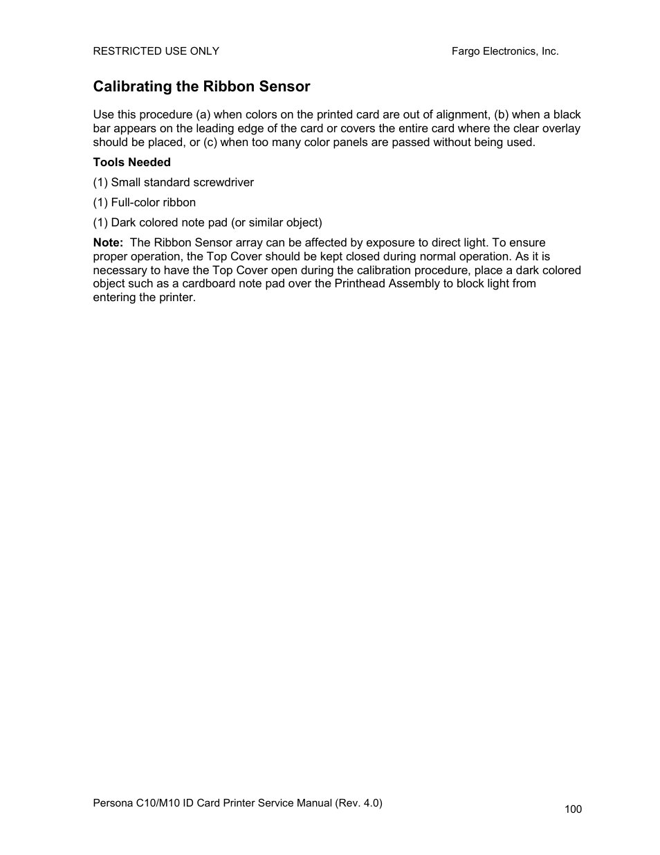 Calibrating the ribbon sensor | FARGO electronic PERSONA C10 User Manual | Page 100 / 178