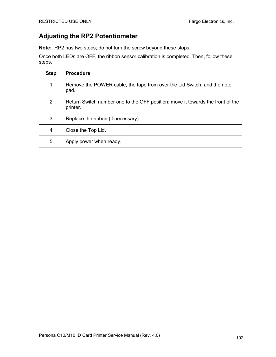 Adjusting the rp2 potentiometer | FARGO electronic PERSONA C10 User Manual | Page 102 / 178