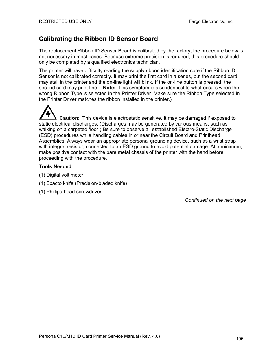 Calibrating the ribbon id sensor board | FARGO electronic PERSONA C10 User Manual | Page 105 / 178