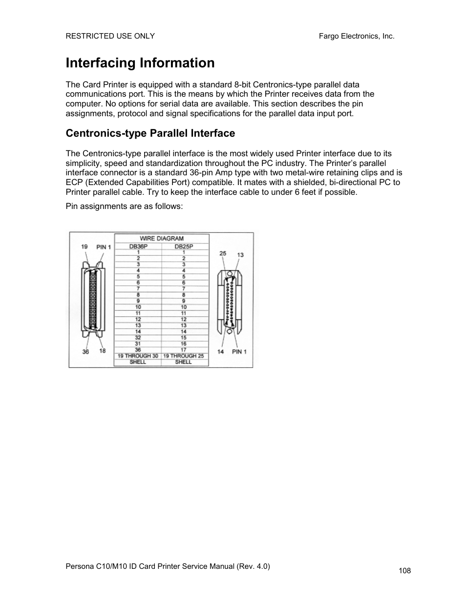 Interfacing information, Centronics-type parallel interface | FARGO electronic PERSONA C10 User Manual | Page 108 / 178