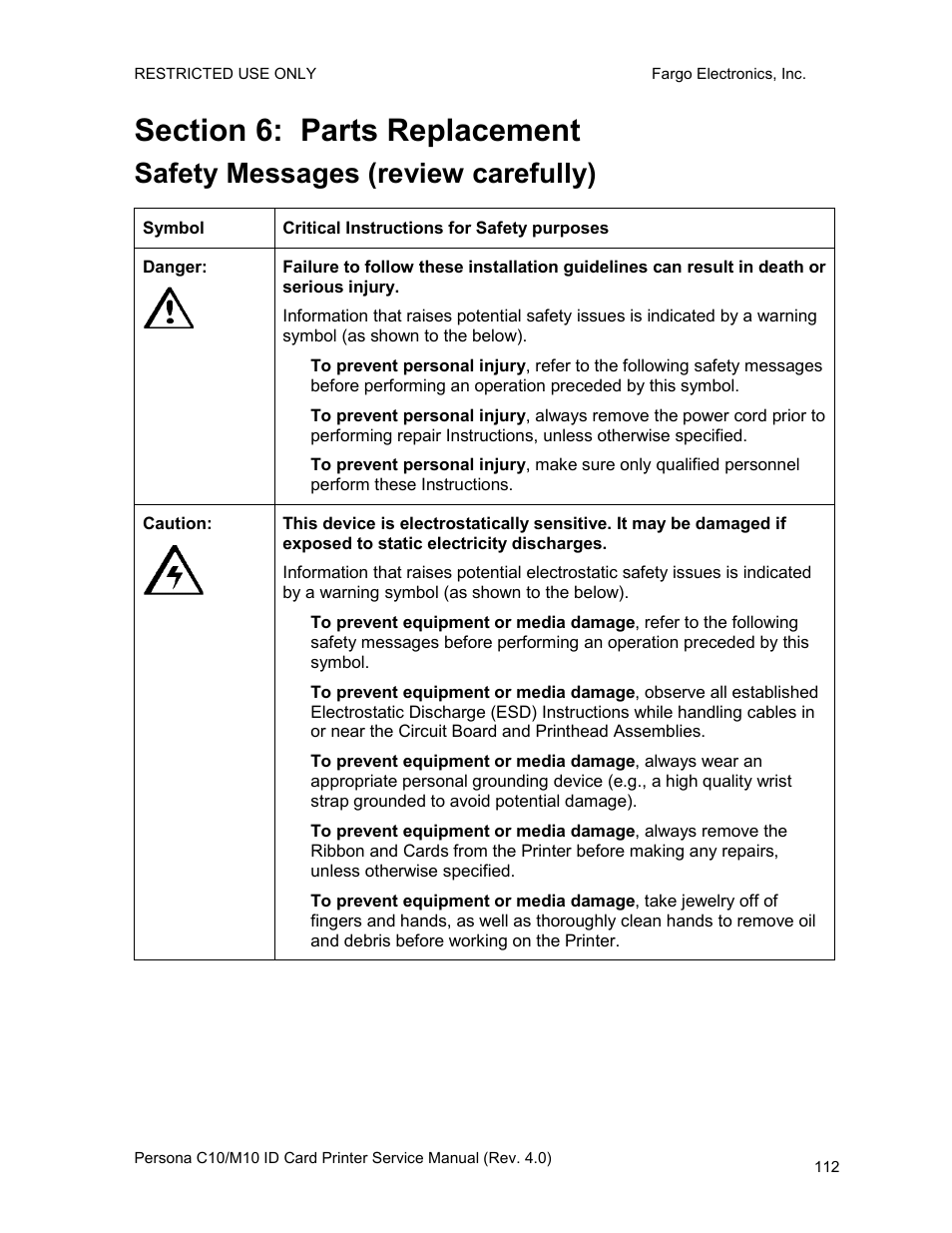 Section 6: parts replacement, Safety messages (review carefully) | FARGO electronic PERSONA C10 User Manual | Page 112 / 178