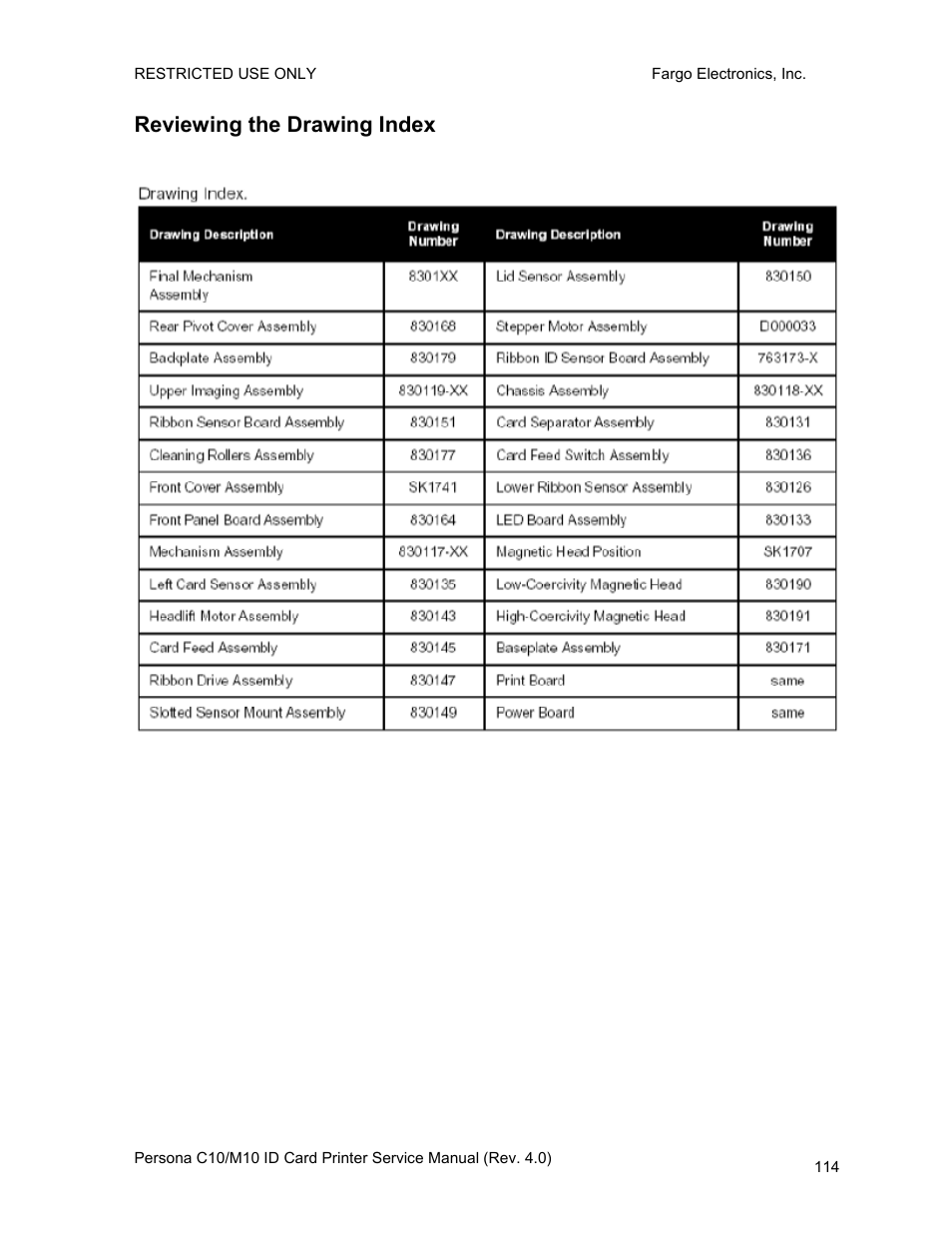 Reviewing the drawing index | FARGO electronic PERSONA C10 User Manual | Page 114 / 178