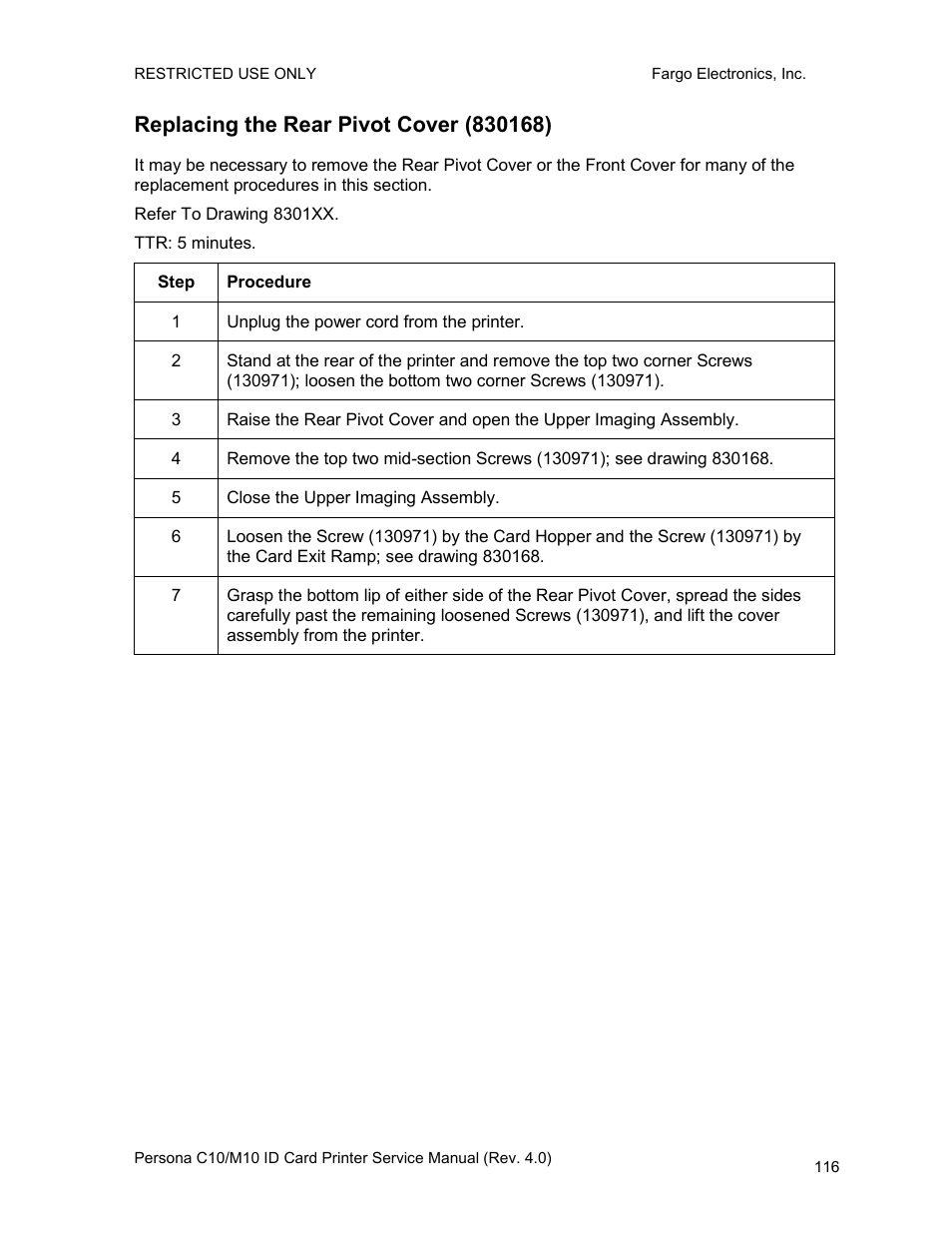 Replacing the rear pivot cover (830168) | FARGO electronic PERSONA C10 User Manual | Page 116 / 178