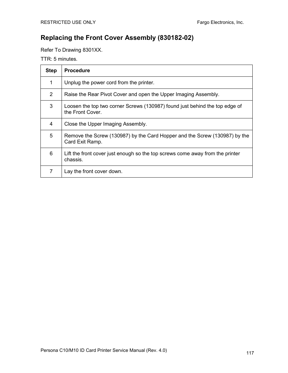 Replacing the front cover assembly (830182-02) | FARGO electronic PERSONA C10 User Manual | Page 117 / 178