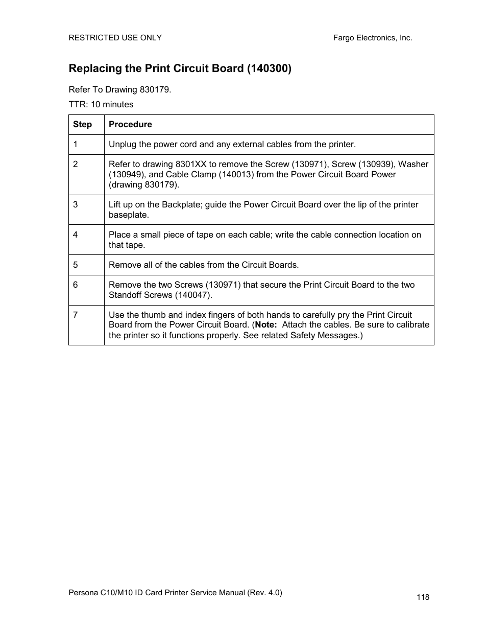 Replacing the print circuit board (140300) | FARGO electronic PERSONA C10 User Manual | Page 118 / 178