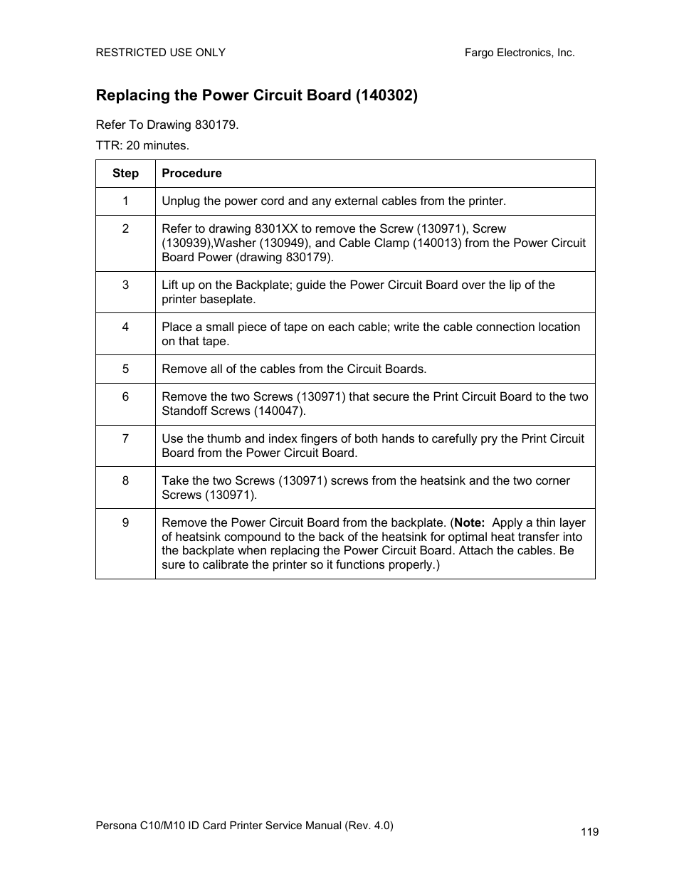 Replacing the power circuit board (140302) | FARGO electronic PERSONA C10 User Manual | Page 119 / 178