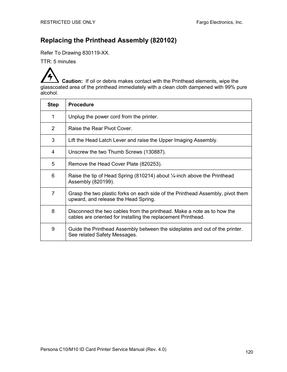 Replacing the printhead assembly (820102) | FARGO electronic PERSONA C10 User Manual | Page 120 / 178