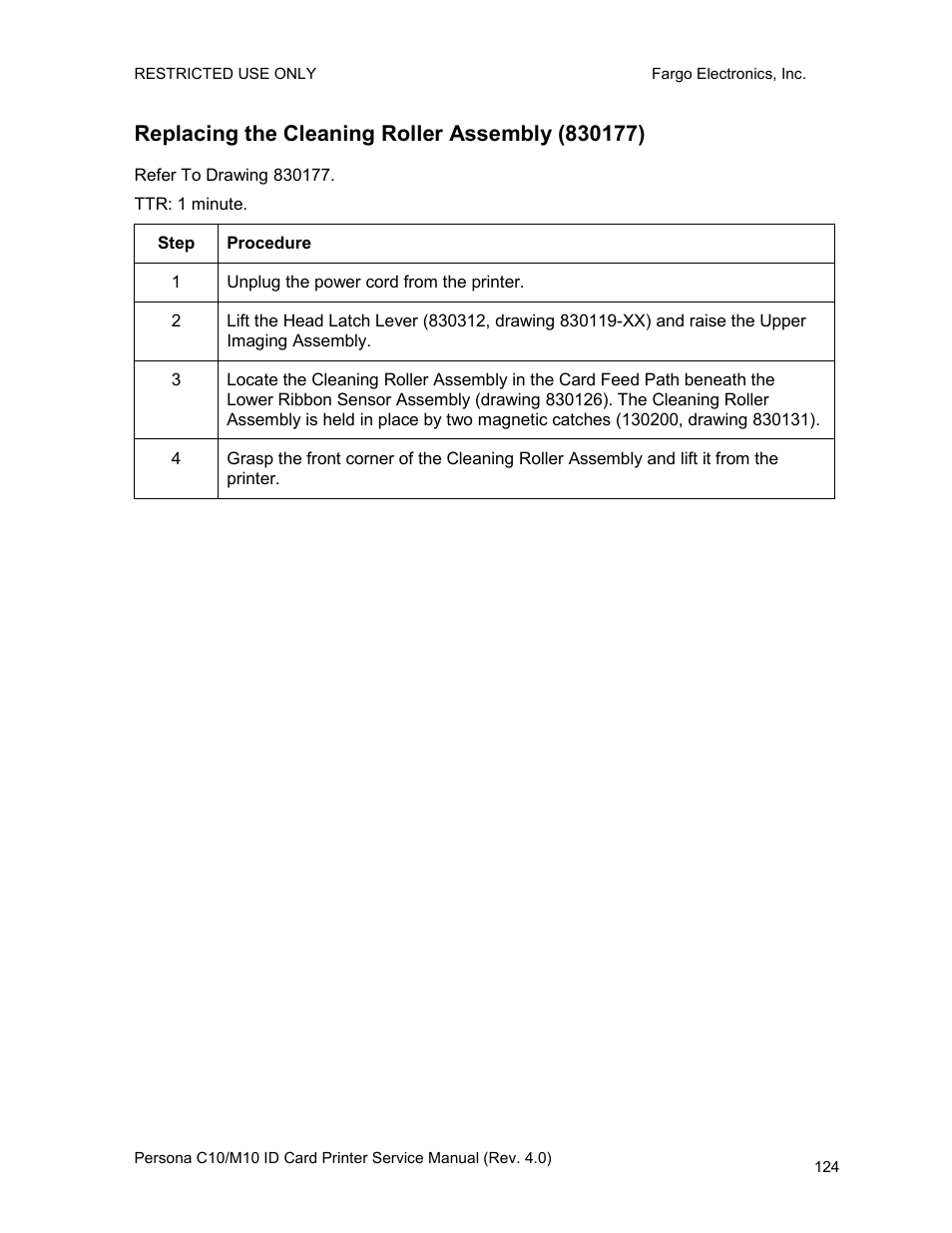 Replacing the cleaning roller assembly (830177) | FARGO electronic PERSONA C10 User Manual | Page 124 / 178