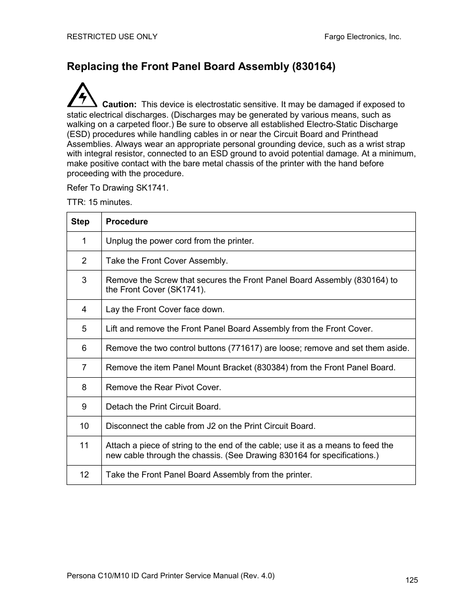 Replacing the front panel board assembly (830164) | FARGO electronic PERSONA C10 User Manual | Page 125 / 178