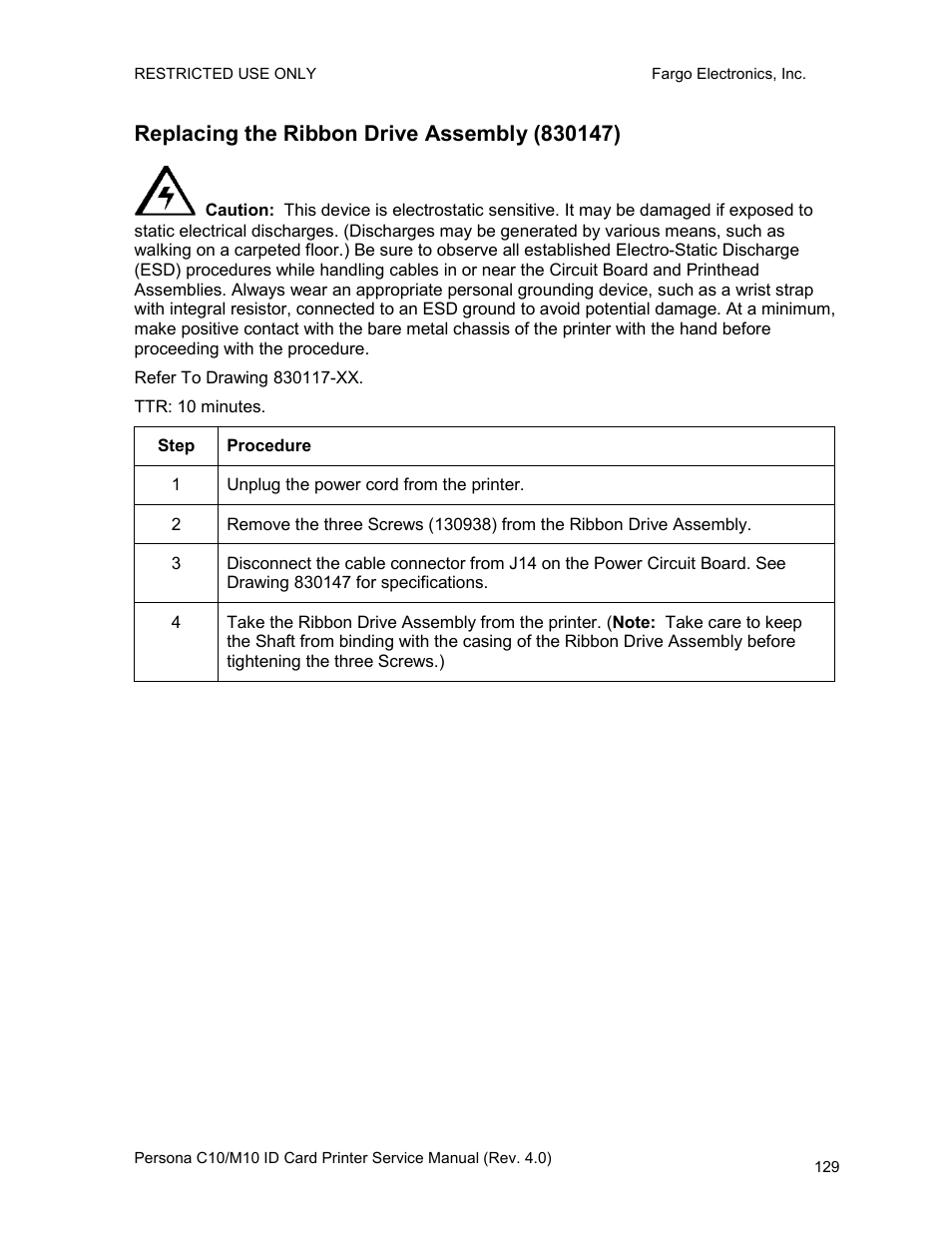 Replacing the ribbon drive assembly (830147) | FARGO electronic PERSONA C10 User Manual | Page 129 / 178