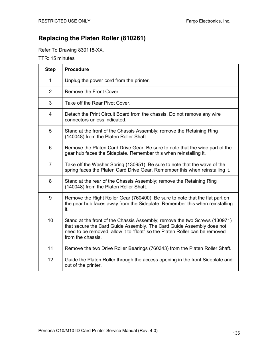 Replacing the platen roller (810261) | FARGO electronic PERSONA C10 User Manual | Page 135 / 178