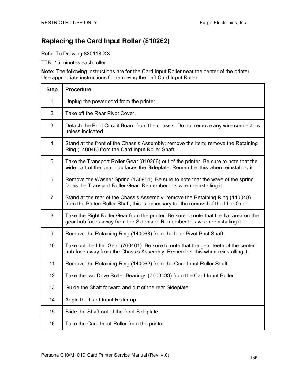 Replacing the card input roller (810262) | FARGO electronic PERSONA C10 User Manual | Page 136 / 178