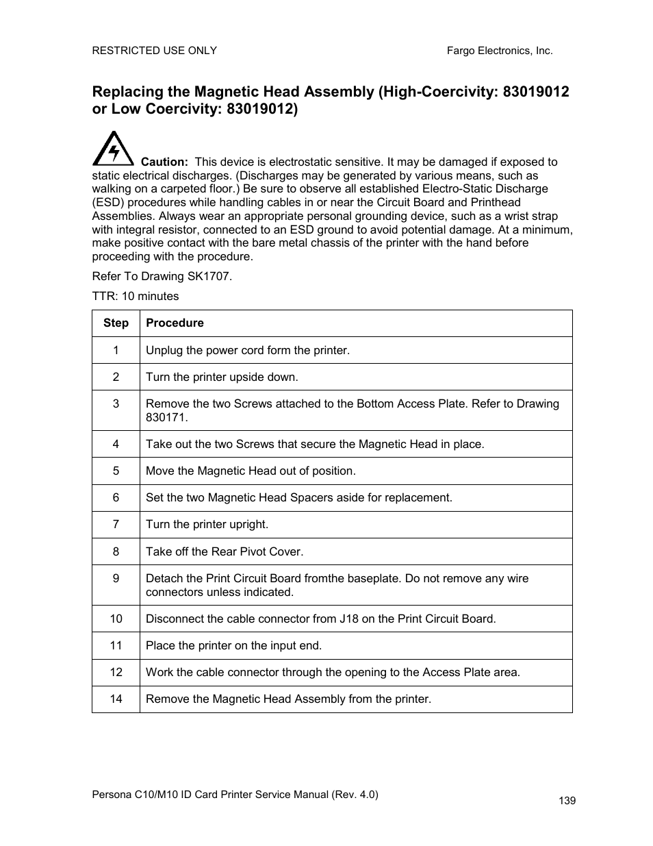 Step, Procedure | FARGO electronic PERSONA C10 User Manual | Page 139 / 178