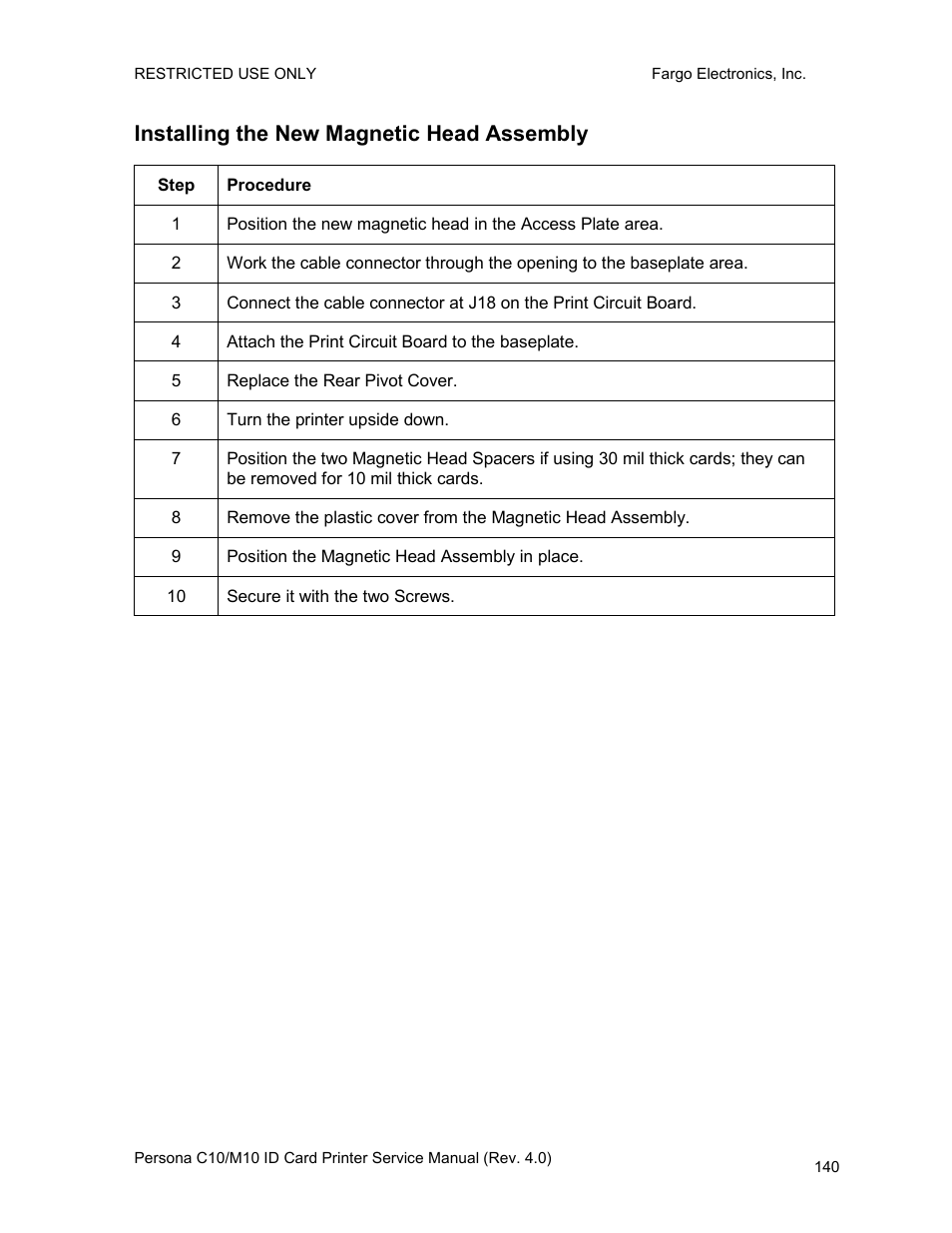 Installing the new magnetic head assembly, Step, Procedure | FARGO electronic PERSONA C10 User Manual | Page 140 / 178