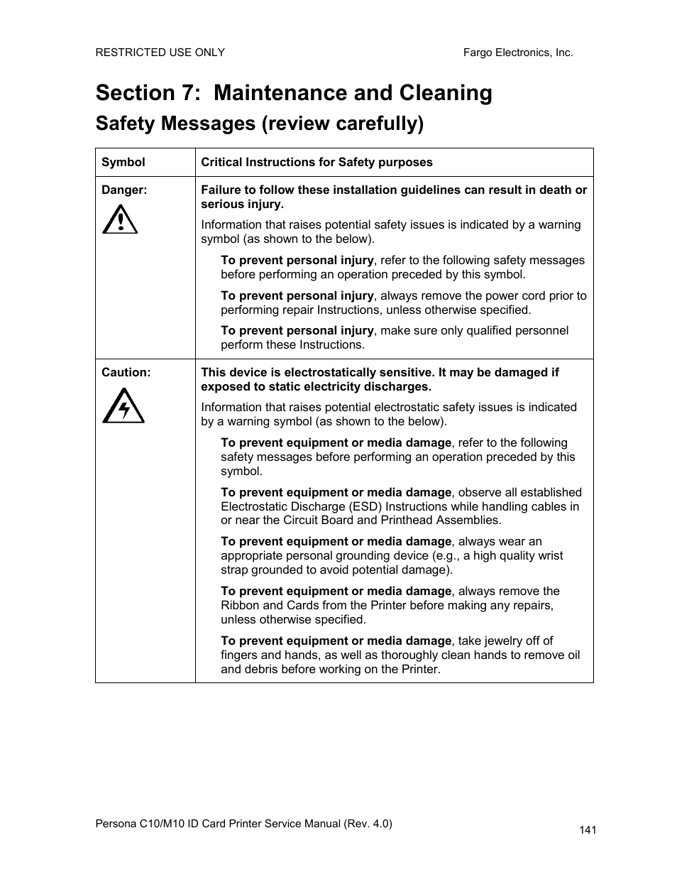 Section 7: maintenance and cleaning, Safety messages (review carefully) | FARGO electronic PERSONA C10 User Manual | Page 141 / 178