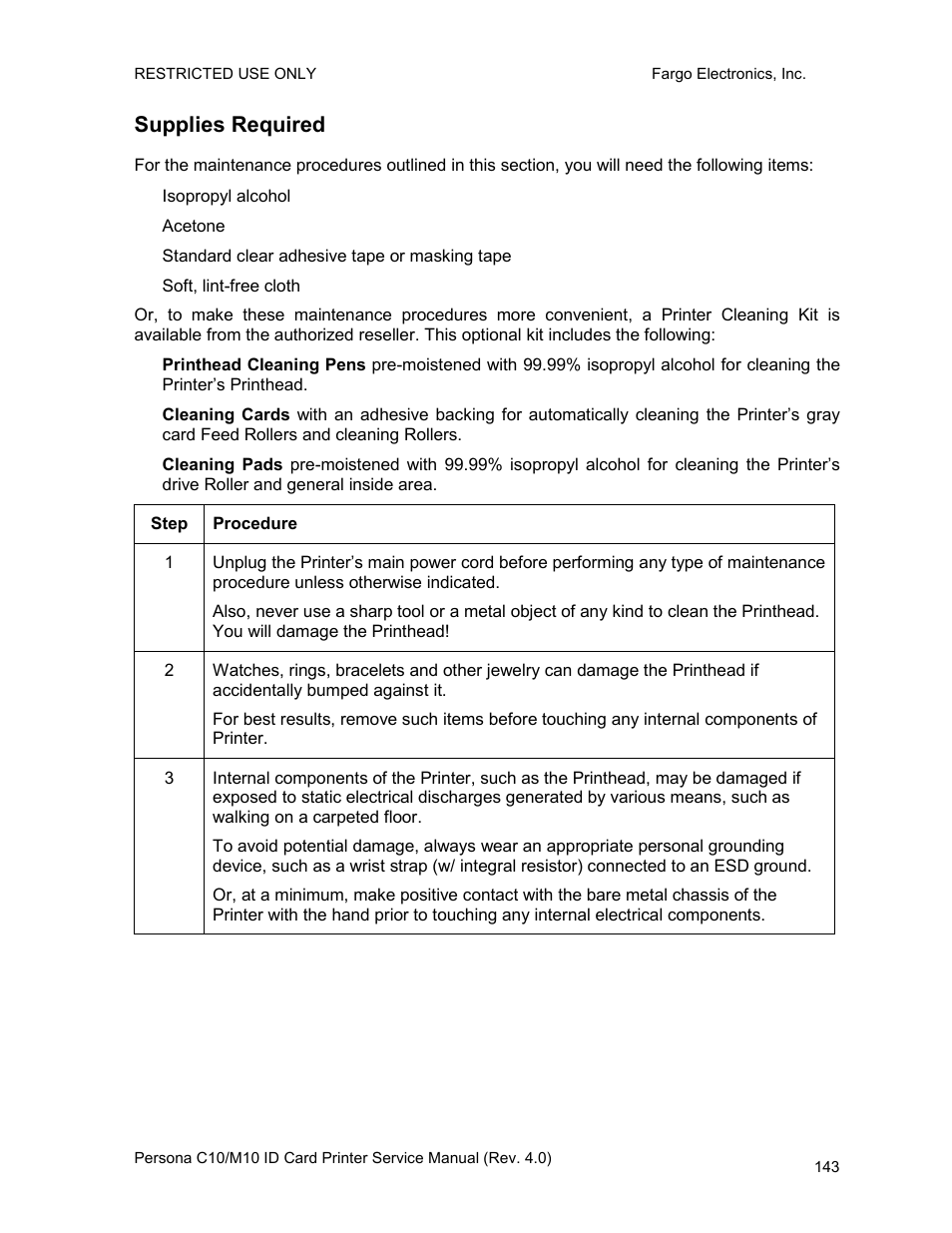 Supplies required, Step, Procedure | FARGO electronic PERSONA C10 User Manual | Page 143 / 178