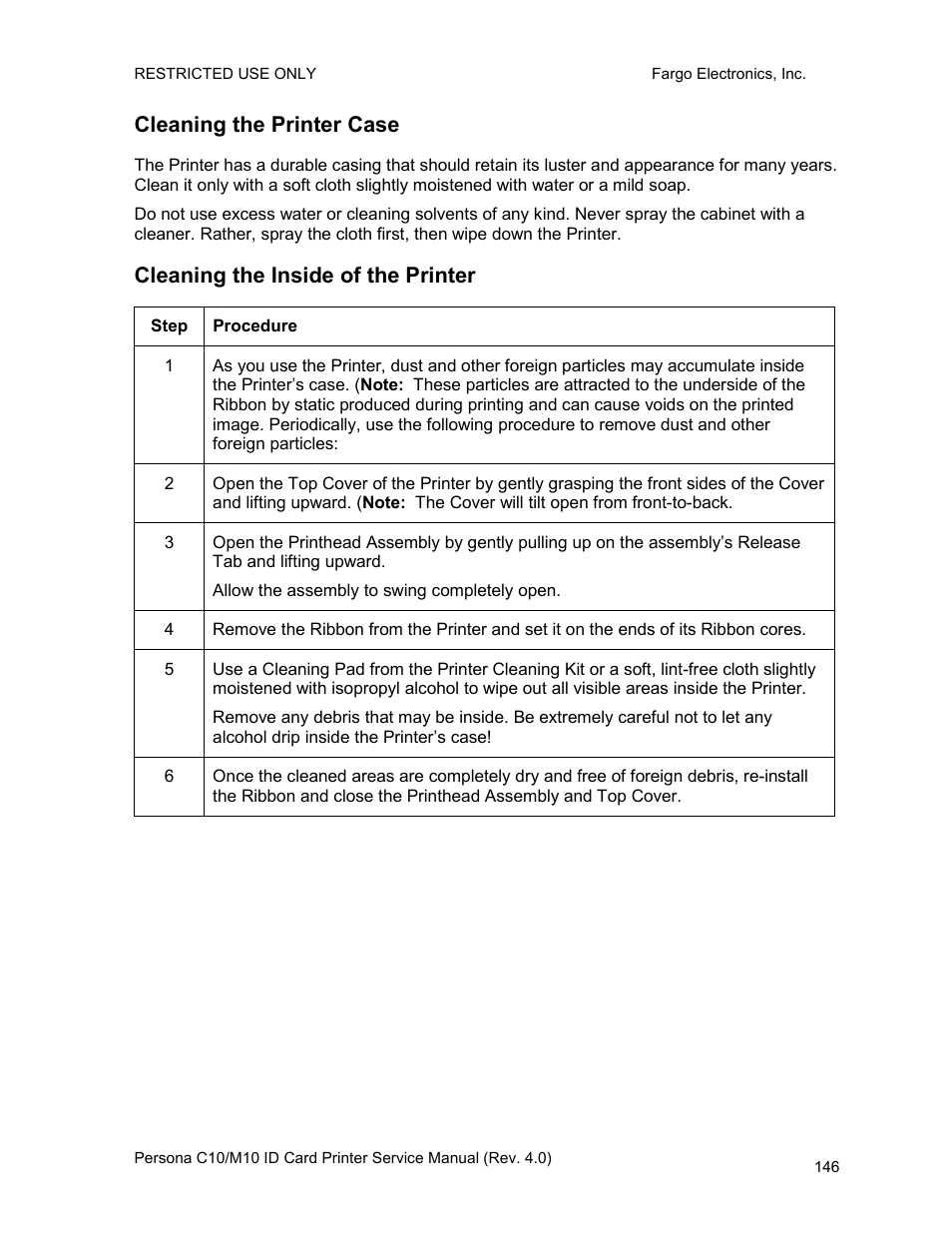 Cleaning the printer case, Cleaning the inside of the printer | FARGO electronic PERSONA C10 User Manual | Page 146 / 178