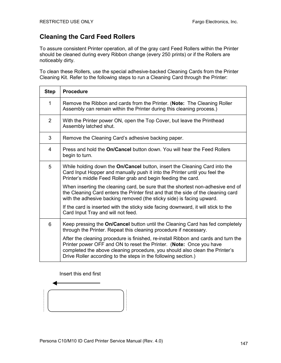 Cleaning the card feed rollers | FARGO electronic PERSONA C10 User Manual | Page 147 / 178