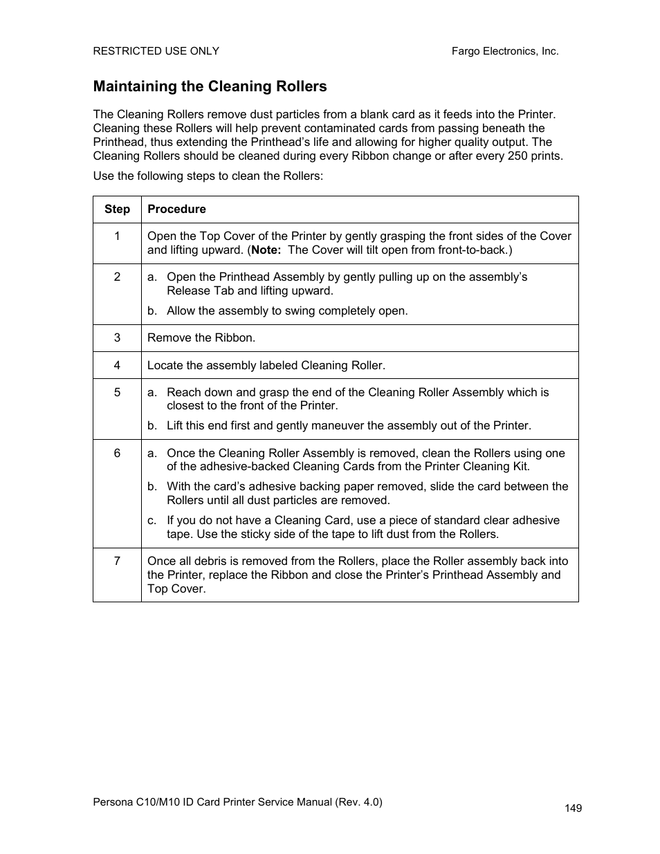 Maintaining the cleaning rollers | FARGO electronic PERSONA C10 User Manual | Page 149 / 178